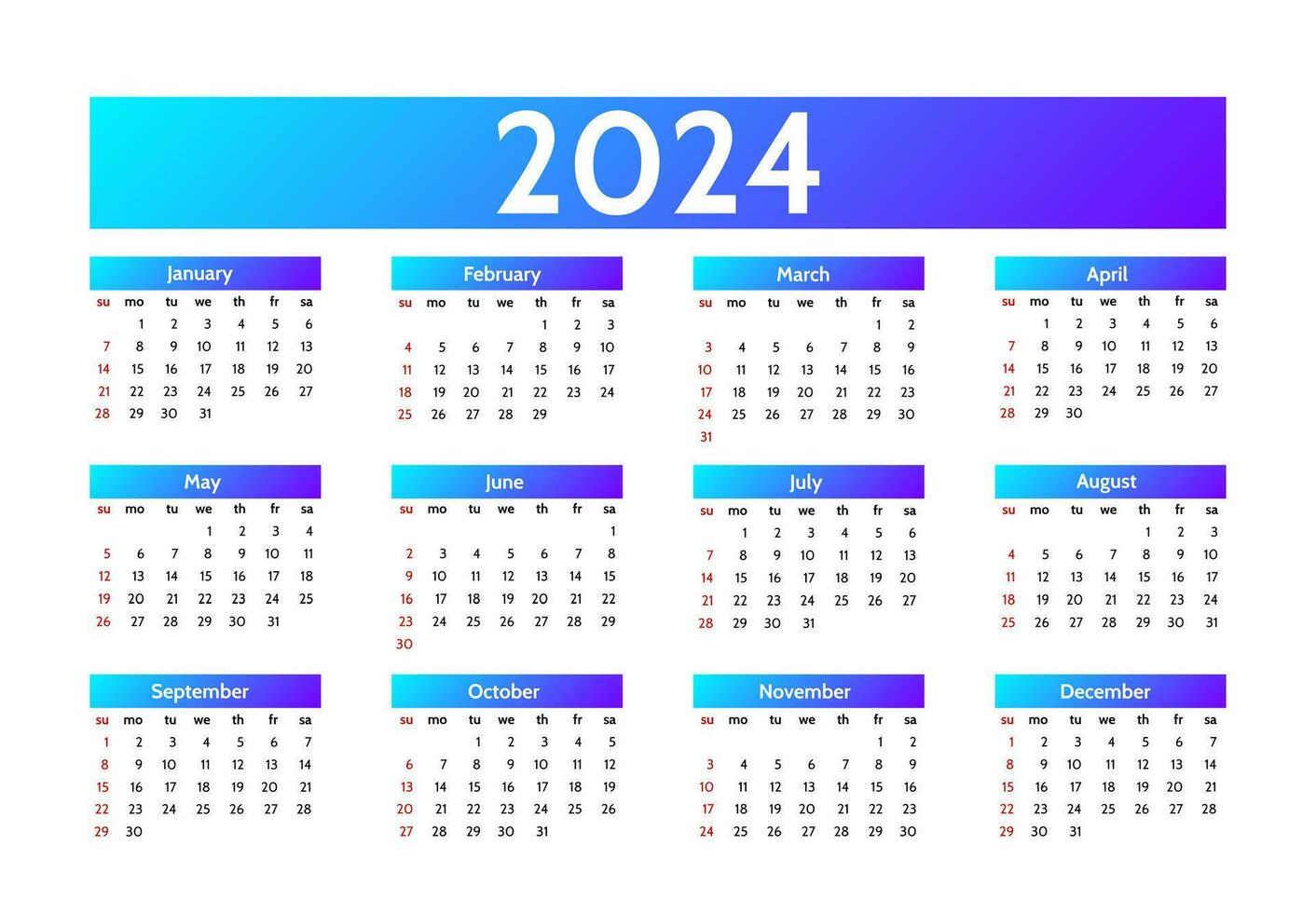 Calendar for 2024 isolated on a white background vector