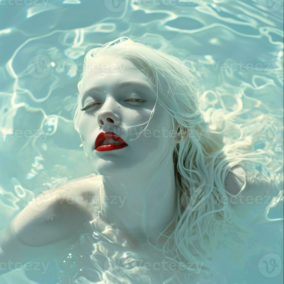 AI generated White blonde Japanese model with skin like pale blue glazed photo