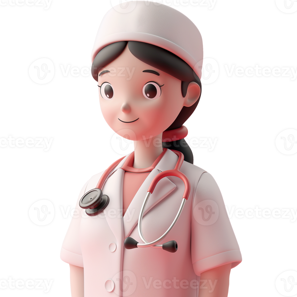 AI generated Female nurse with statecope around her neck, cute 3d design. Suitable for health and design elements png
