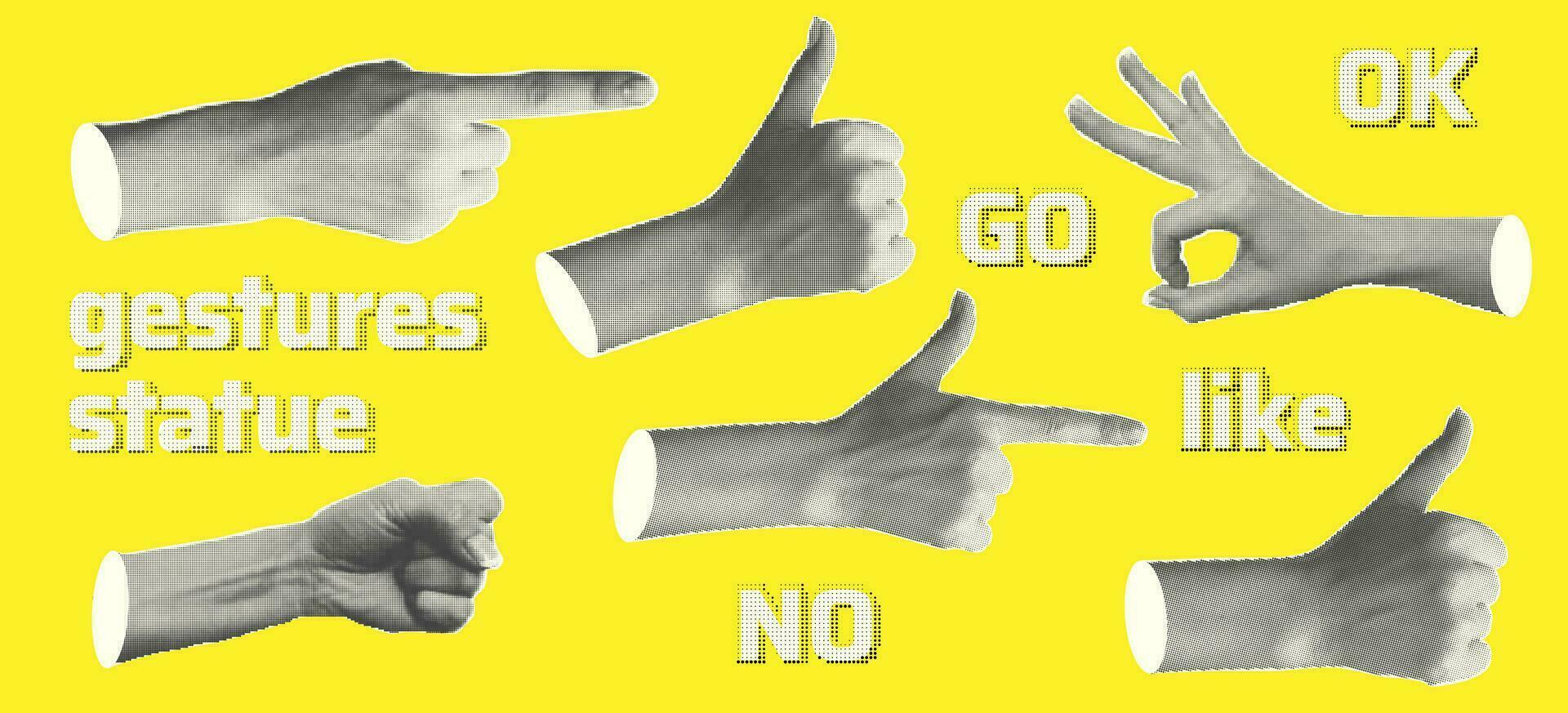 Set statue hands halftone style for collage design. Fingers show gestures as ok, peace, thumb up, point to object, rock, isolated on Yellow background. Contemporary modern art. Vector illustration.