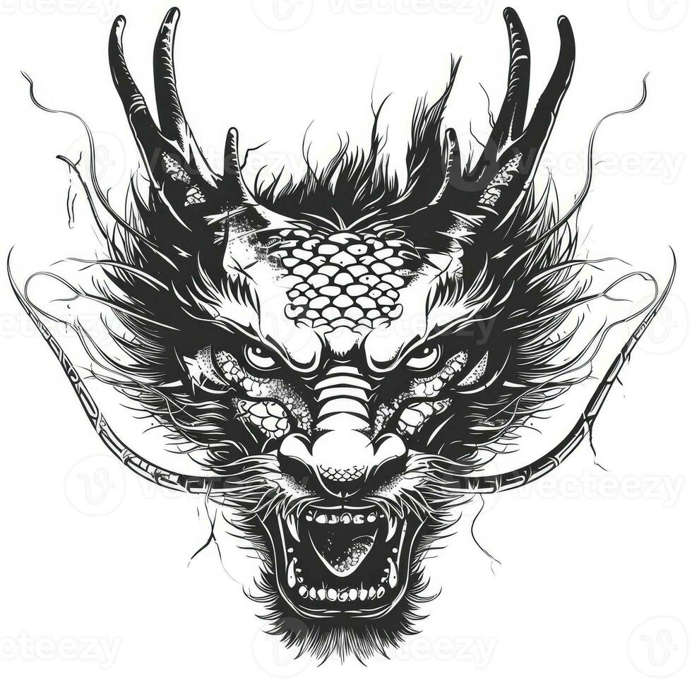 AI generated Black and white line drawing simple logo Japanese three-eyed dragon head. photo