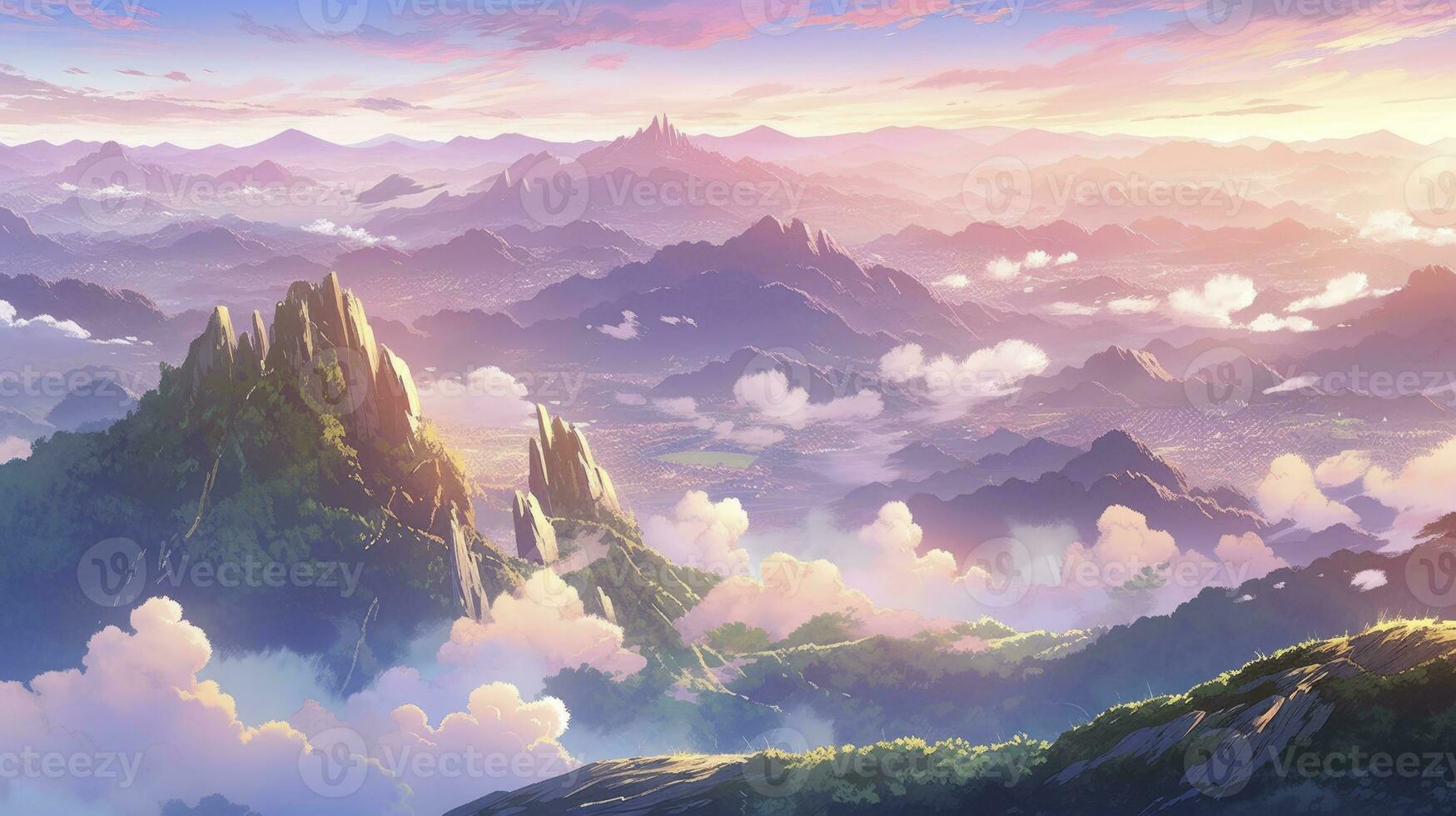 AI generated An enchanting anime landscape of a mist-covered mountain range during sunrise photo