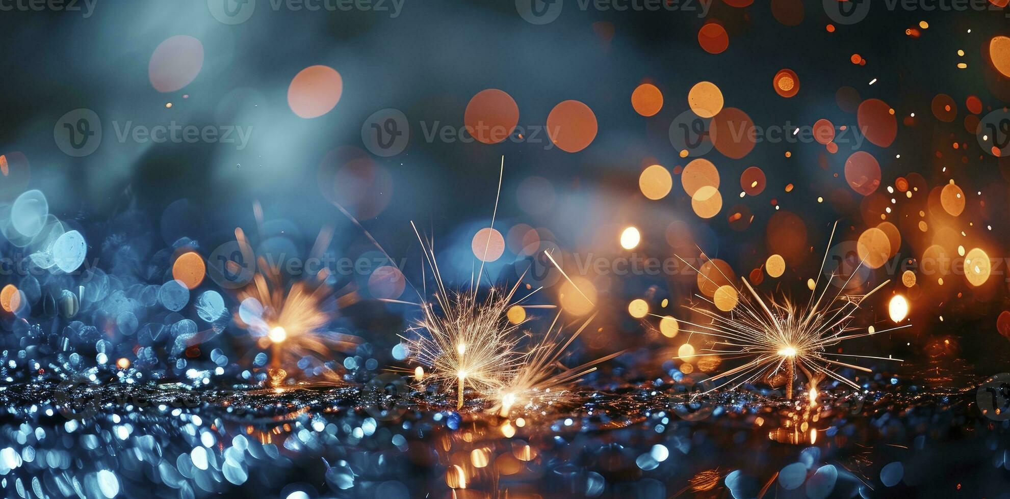 AI generated Fireworks background with blue bokeh light and fireworks photo