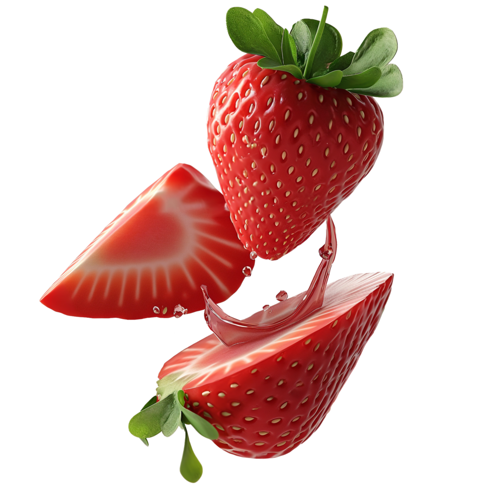 AI generated Pieces of fresh Stawberry fruit flying around. 3d design, Suitable for food, beverage and design elements png