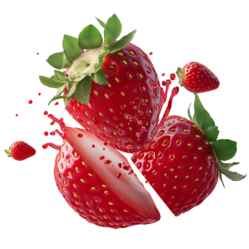 AI generated Pieces of fresh Stawberry fruit flying around. 3d design, Suitable for food, beverage and design elements png