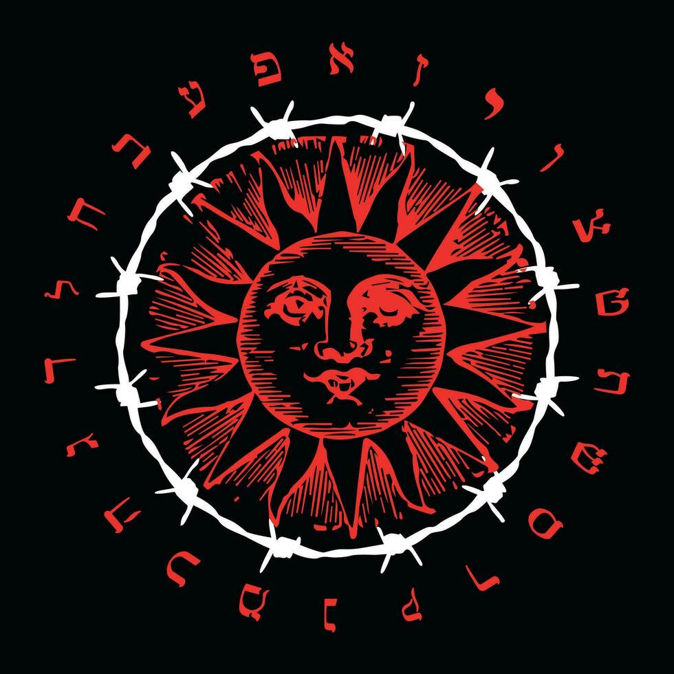 T-shirt design of the sun in red surrounded by the Hebrew alphabet and a barbed wire. satanic circle vector