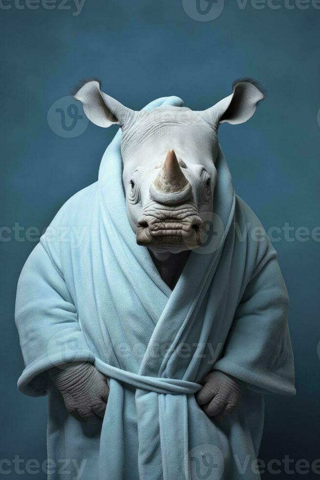 AI generated Rhinoceros with bathrobe pastel blue background photography photo