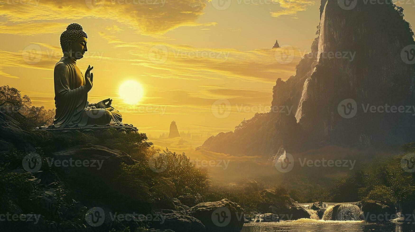 AI generated landscape extreme great buddha, sunset, mountain waterfall. photo