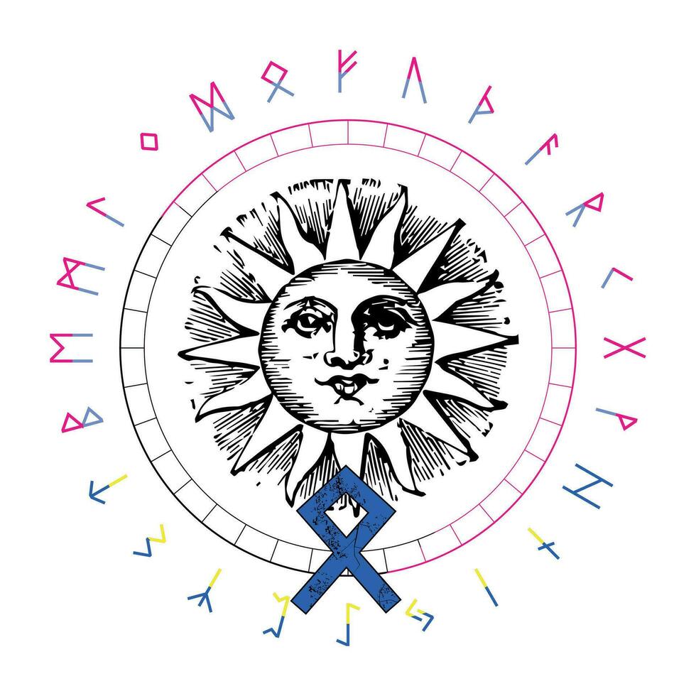 T-shirt design of the sun surrounded by runic alphabet. Viking letter called Othila. Solar god vector