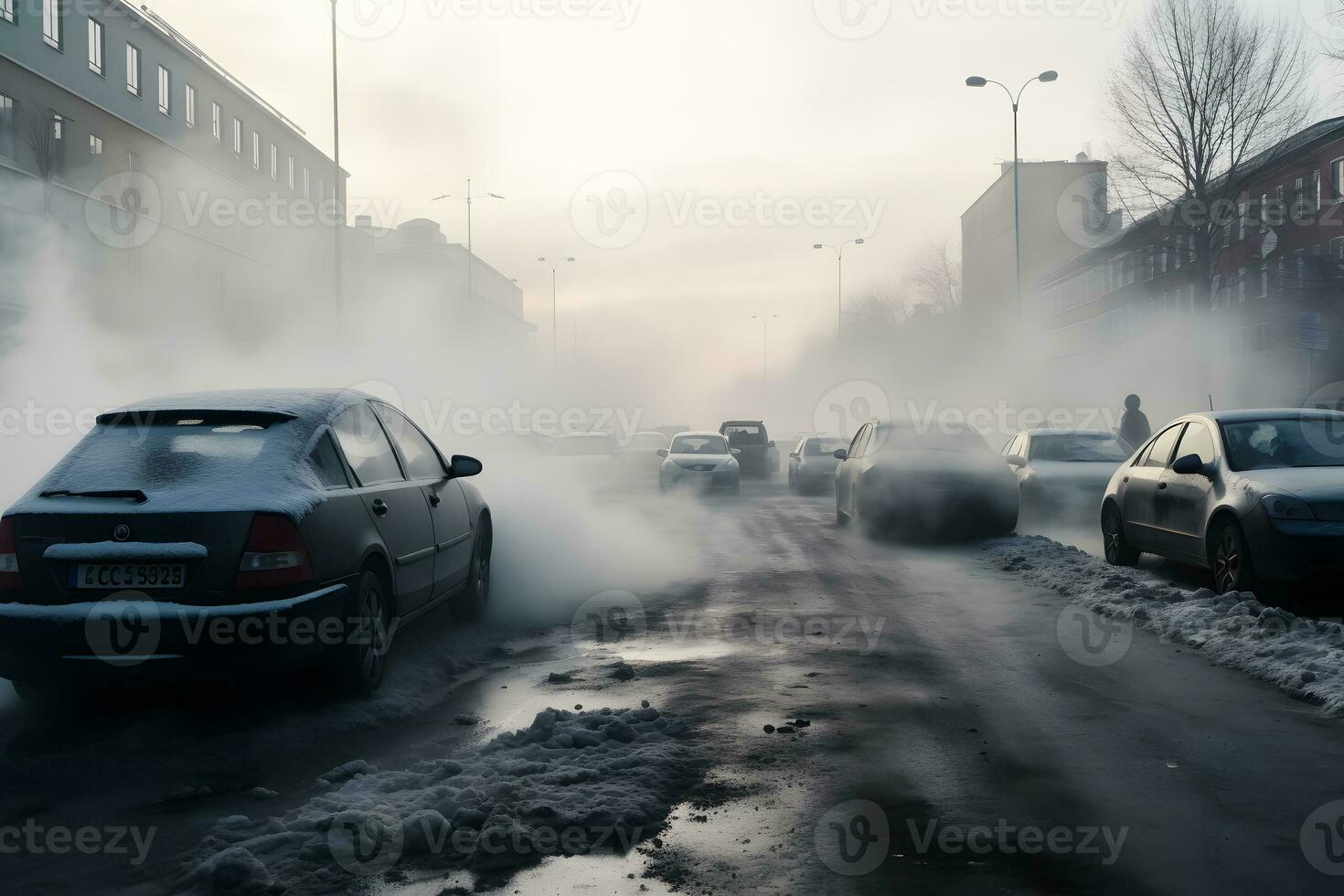ai generado aire contaminación desde el cansada de carros en el ciudad durante el frío día, ambiental contaminación en el ciudad. neural red ai generado foto