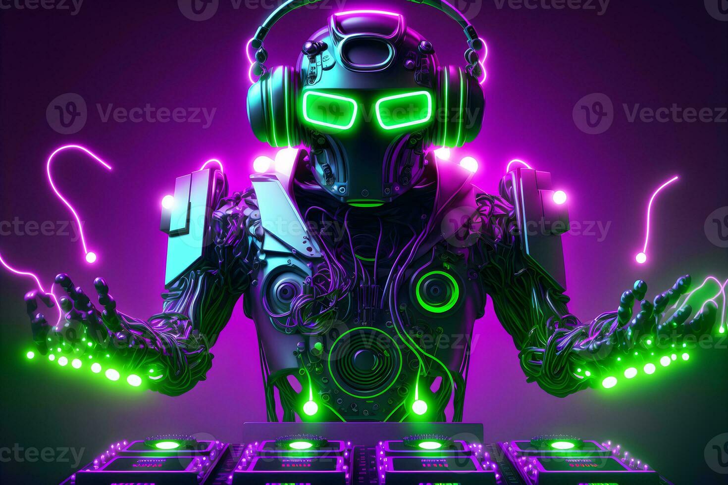 AI generated Robot disc jockey at the dj mixer and turntable plays nightclub during party. EDM entertainment party concept. Neural network generated art photo
