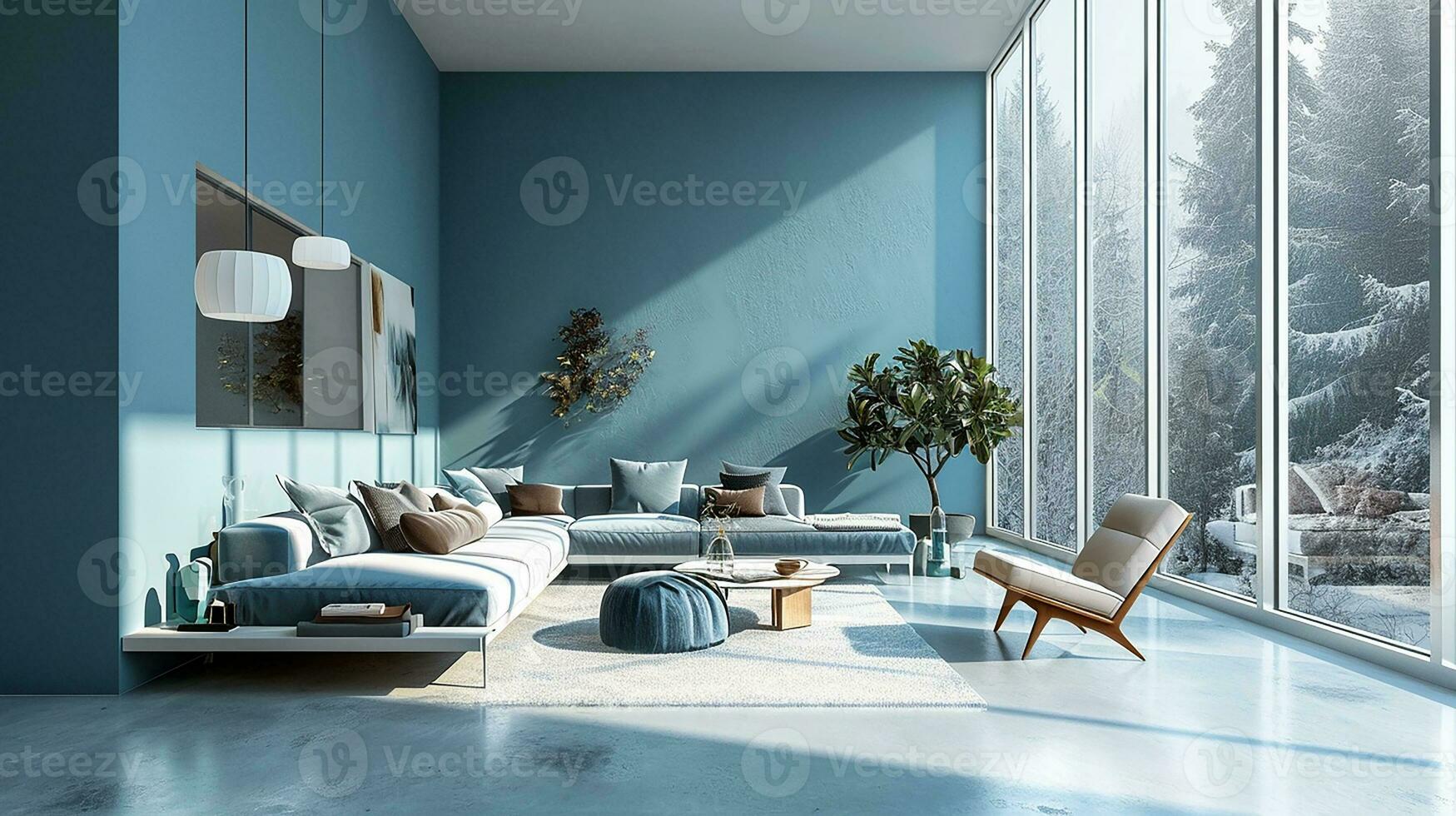 AI generated living room interior design with sofa minimal aesthetic 3d rendered photo