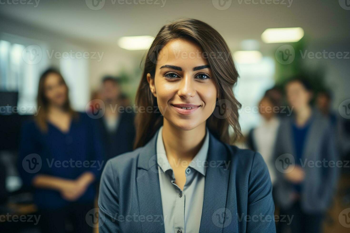 ai generado retrato de exitoso y contento mujer de negocios, oficina trabajador sonriente y mirando a cámara, trabajando dentro moderno oficina. foto
