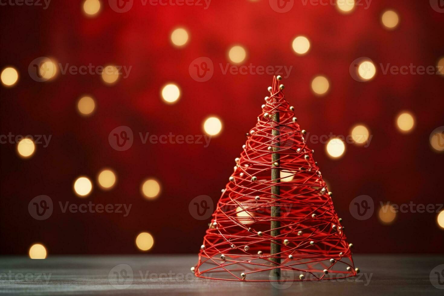 AI generated Red Christmas tree made up with paper clip and wire bokeh blurred background copy space photo