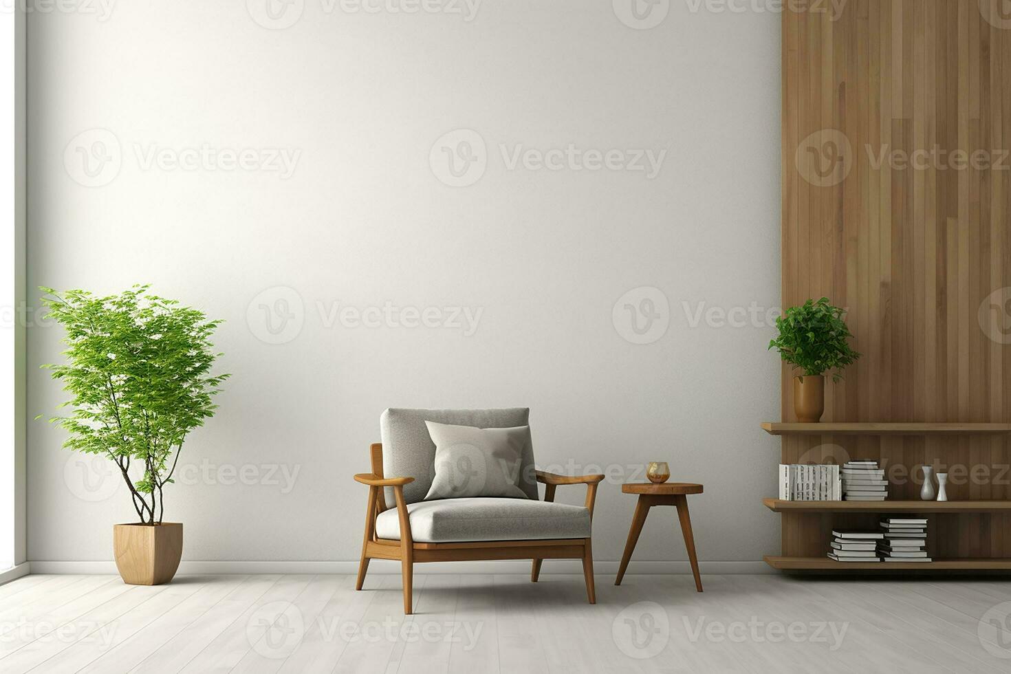 ai generado 3d prestados mínimo estilo moderno vivo habitación interior diseño con silla foto