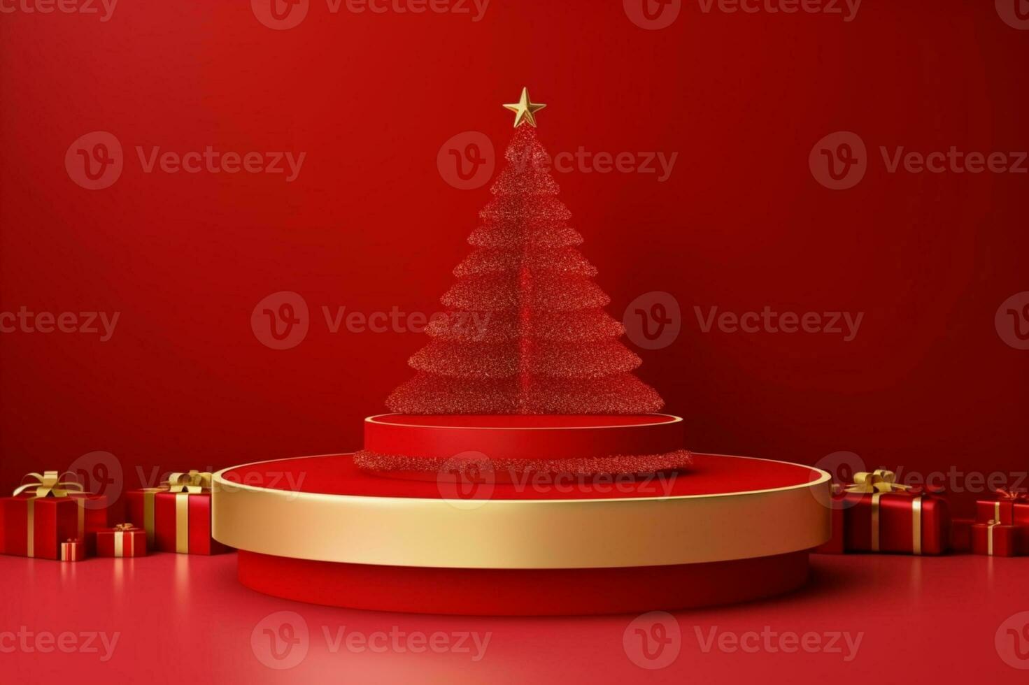 AI generated merry Christmas 3d rendered red Podium display for event photo