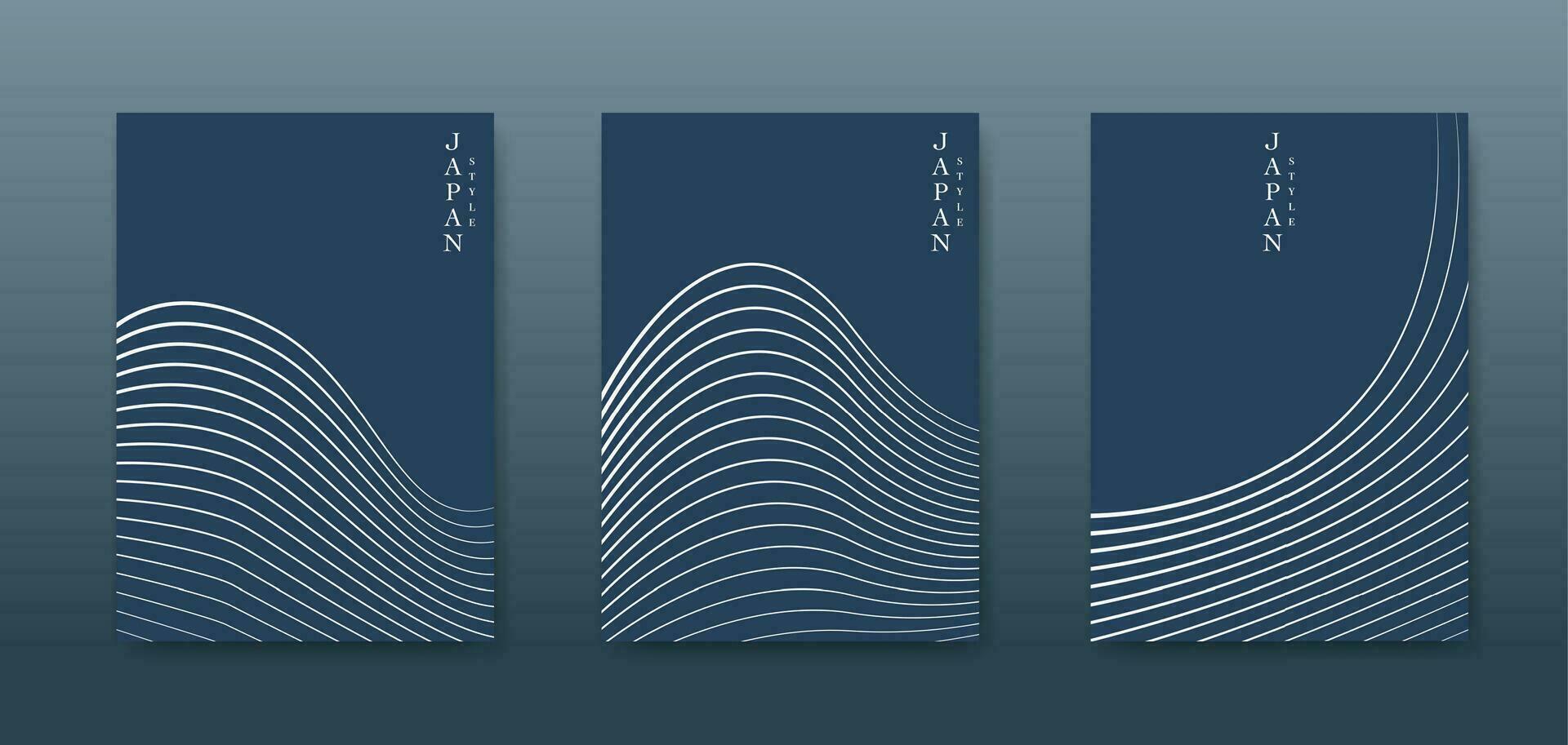 Japanese landscape background set cards white line wave pattern vector illustration. Blue luxury Abstract template geometric wavy texture. Mountain layout design in oriental style, vertical brochure