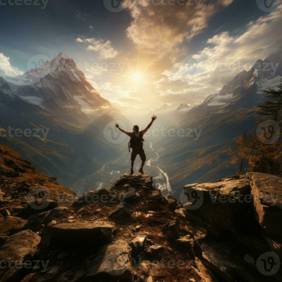 AI generated a man standing on top of a mountain with his arms raised in the air Generative AI photo