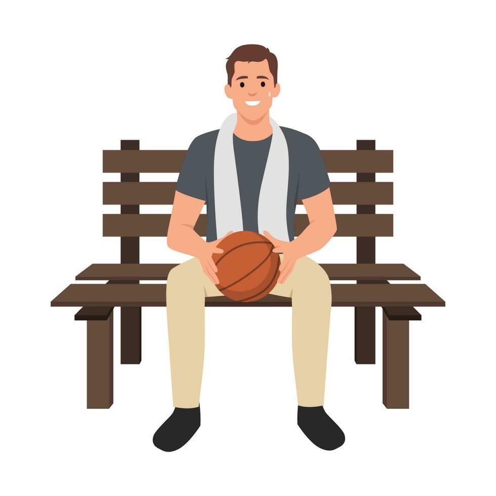 Mature heavyset basketball player sitting on bench with towel around his neck. vector