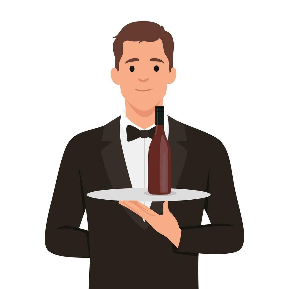 Man sommelier, salesman or restaurant waiter presenting wine bottle. Male character standing on white. Presentation beverage. vector