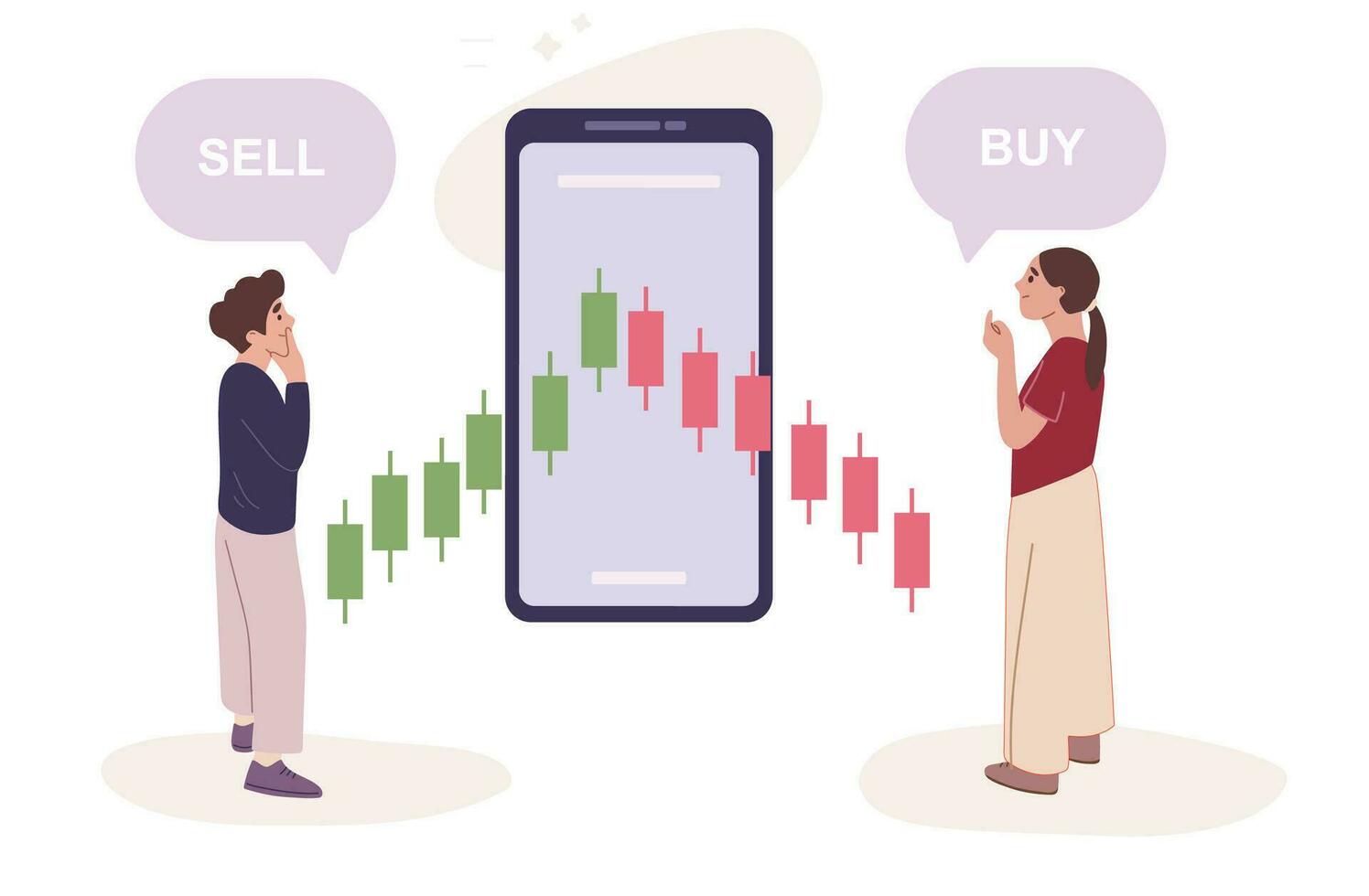 Traders buy and sell shares using mobile phone app. Purchase and sale of shares. Passive income from investment.  Financial analysis. Candlestick graph.  Brokers trading strategy. vector