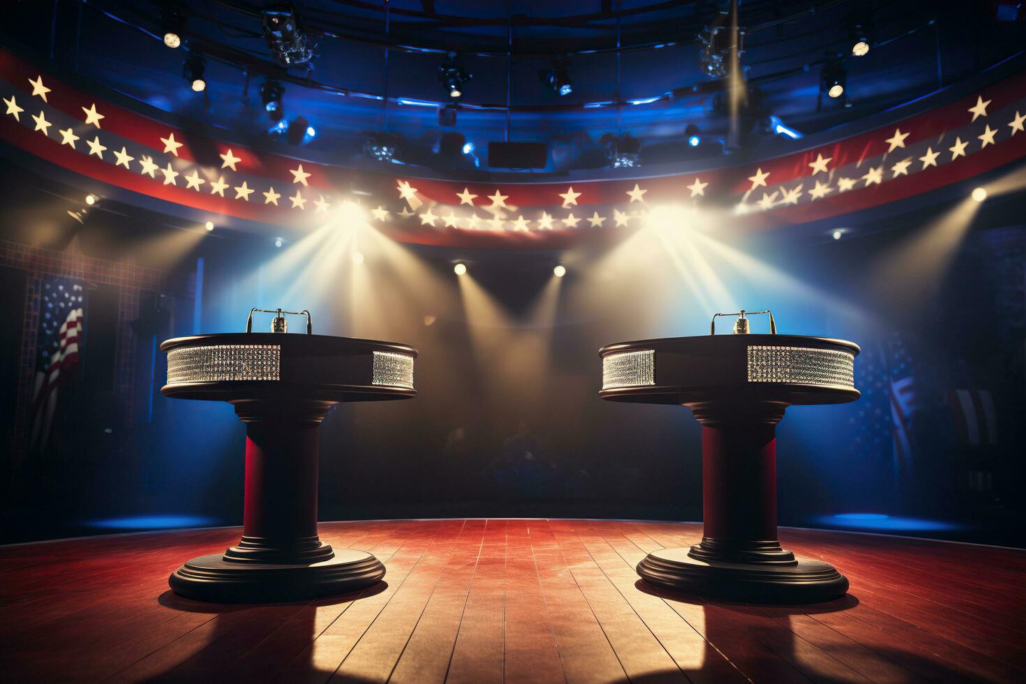 AI generated Wooden stands with debate microphones in a brightly lit studio. Political debates before the elections. Generative AI photo