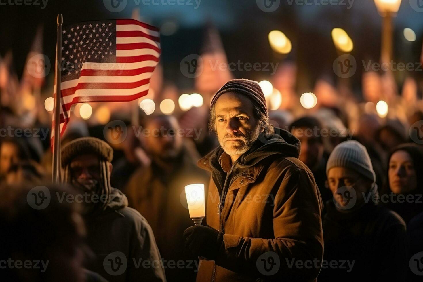 AI generated A man with a US flag in a crowd of people in the evening. Generative AI photo