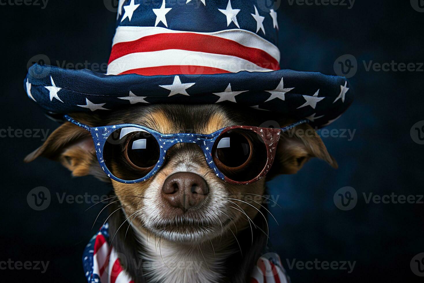 AI generated A dog wearing sunglasses and hat with stars and USA flag. Elections, US Independence Day. Patriotic dog. Generative AI photo