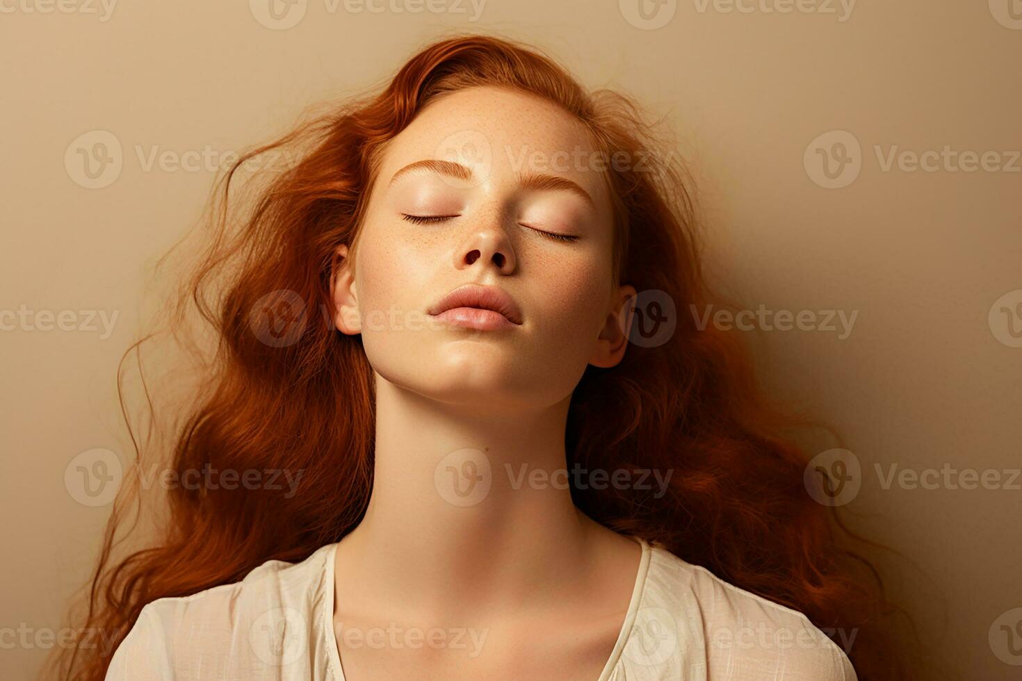 AI generated closeup shot of a beautiful red hair young woman smiling on isolated background generative AI photo