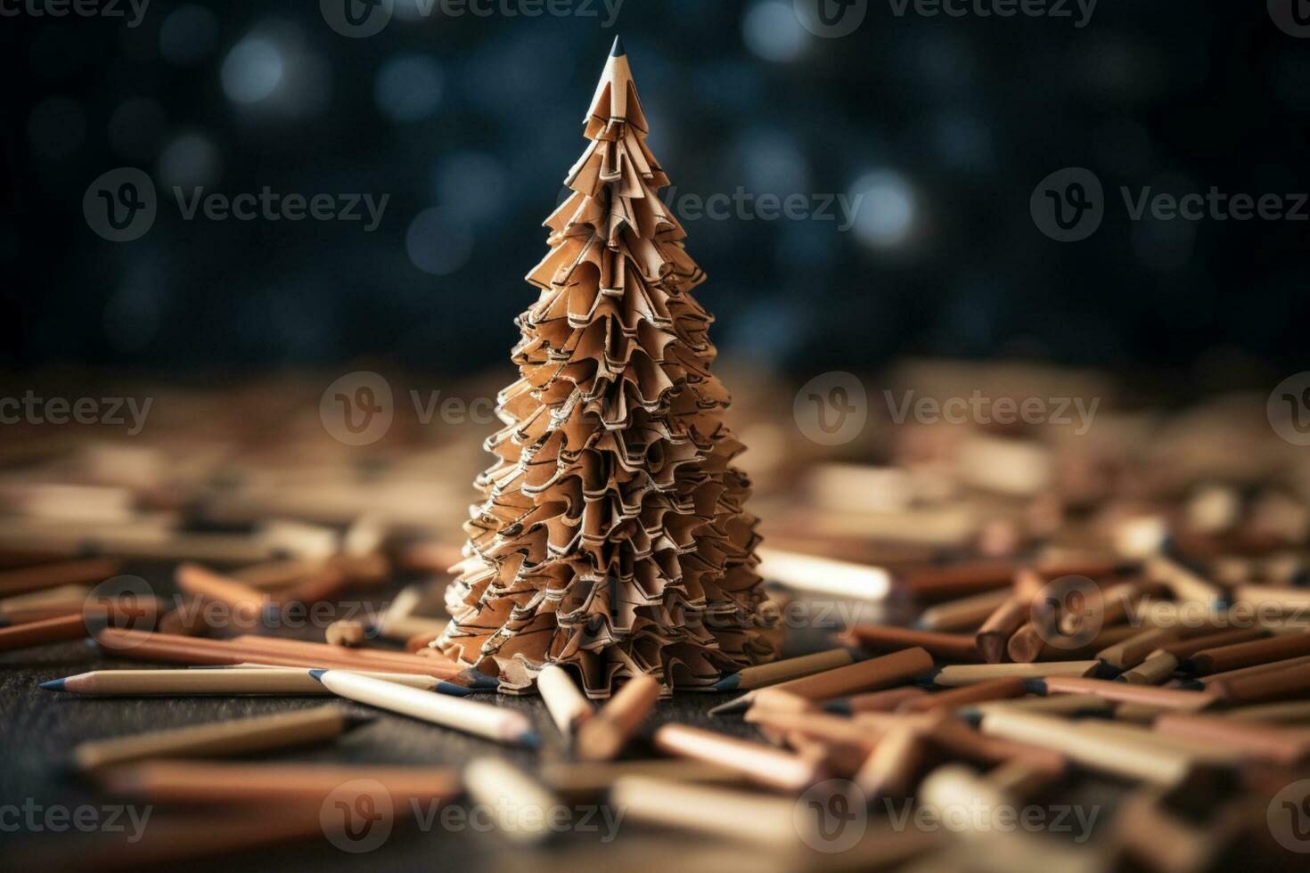 AI generated Christmas tree made with a pencil and its wooden shavings photo