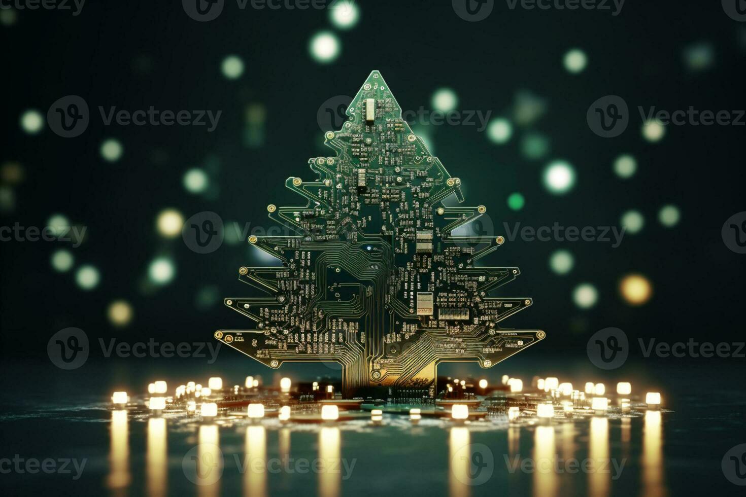 AI generated Christmas tree made with circuit board technology concept photo