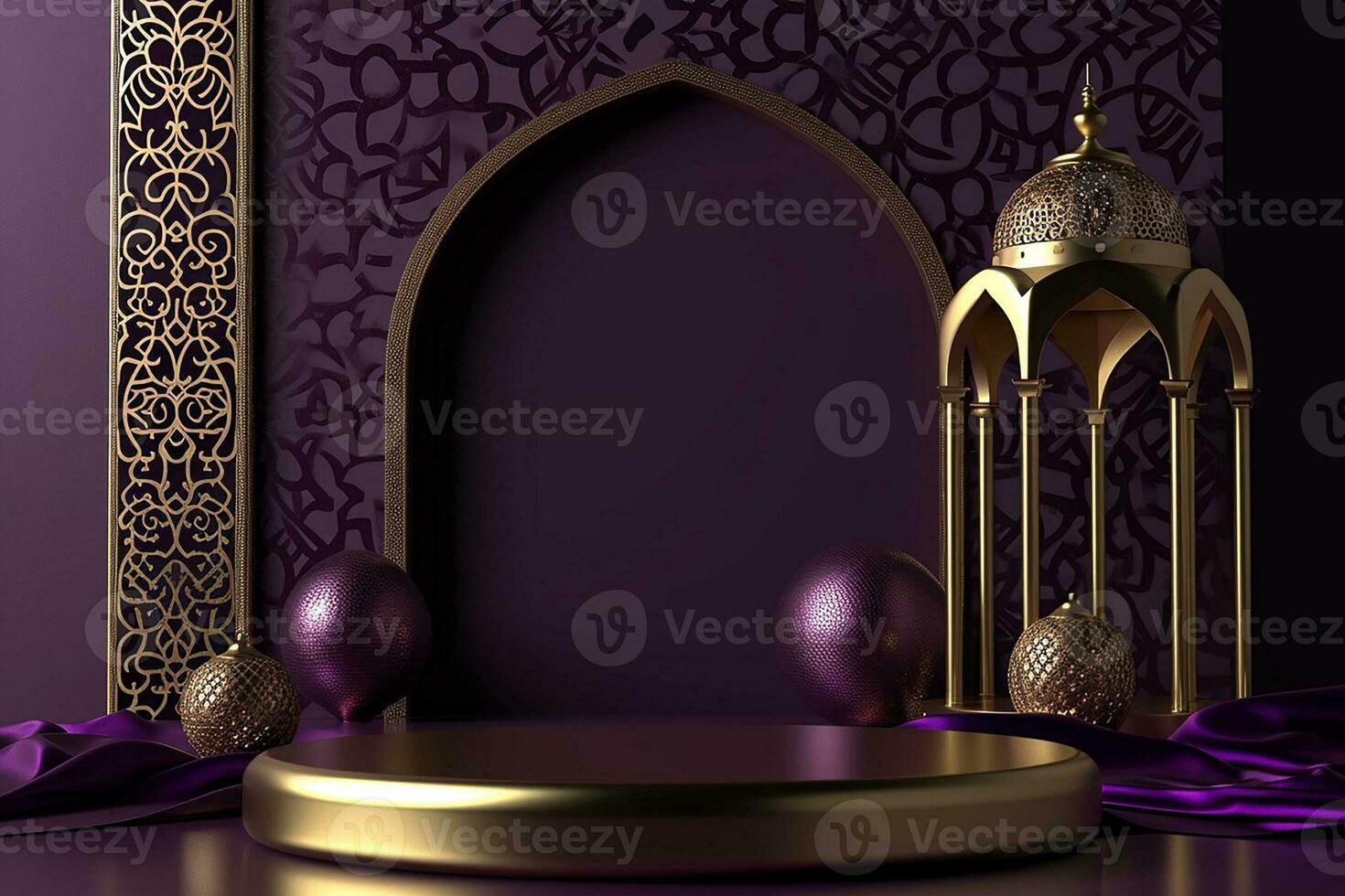 AI generated golden and  purple islamic podium background with ornate design photo