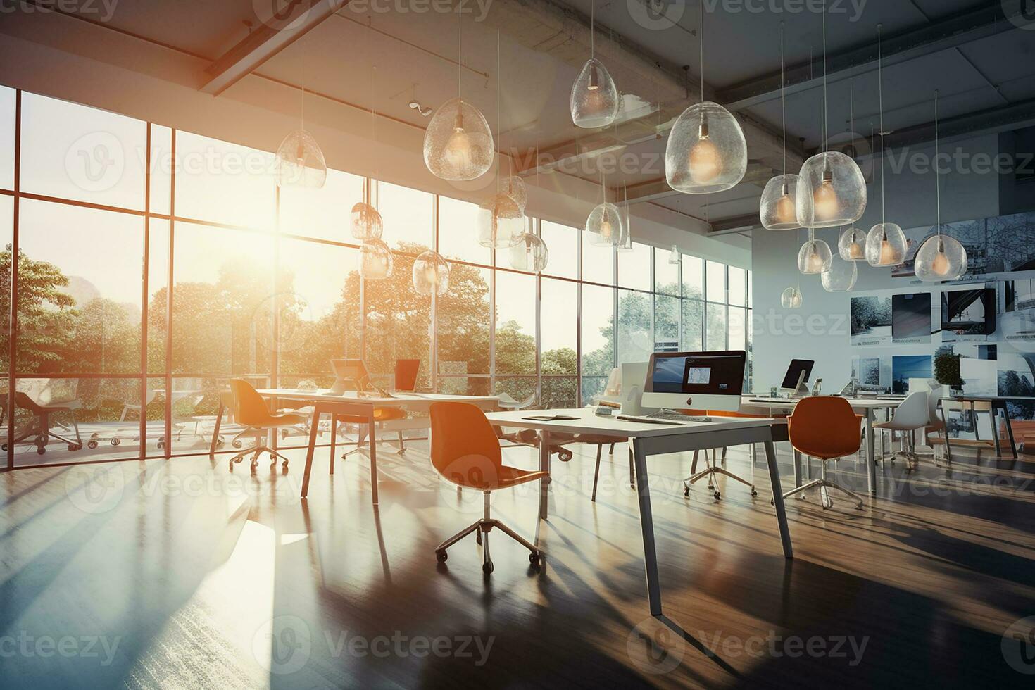 AI generated Beautiful background of a modern office interior with panoramic windows photo