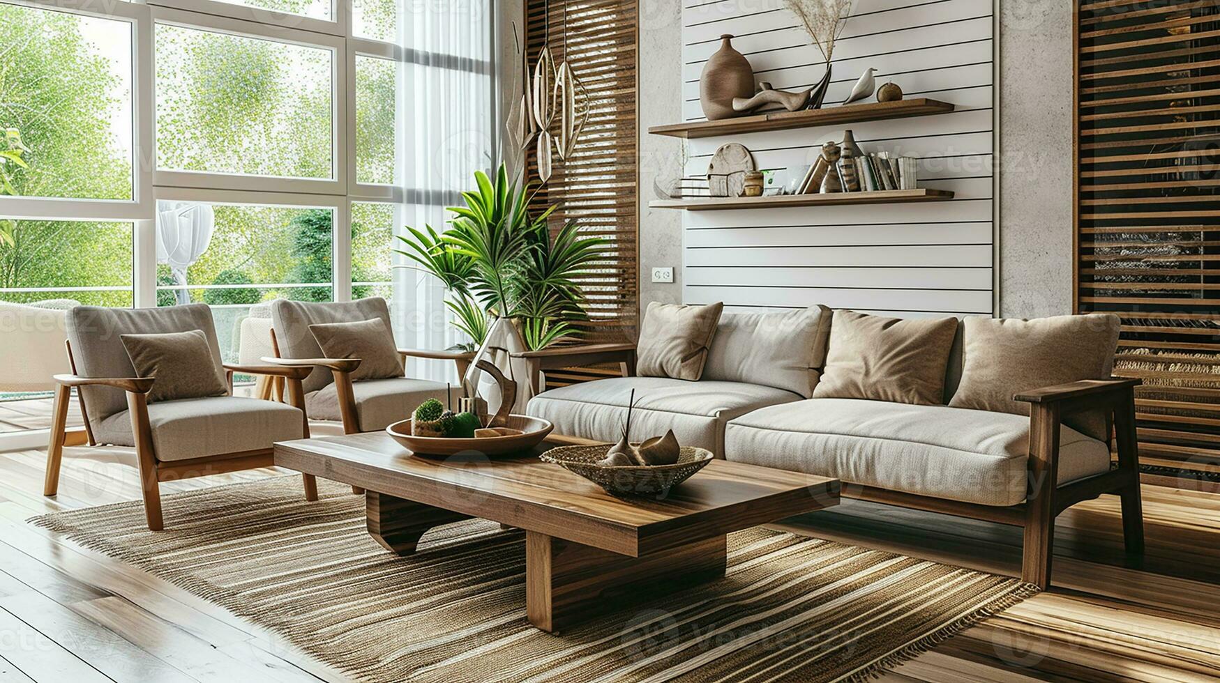 AI generated living room interior design with sofa minimal aesthetic 3d rendered photo