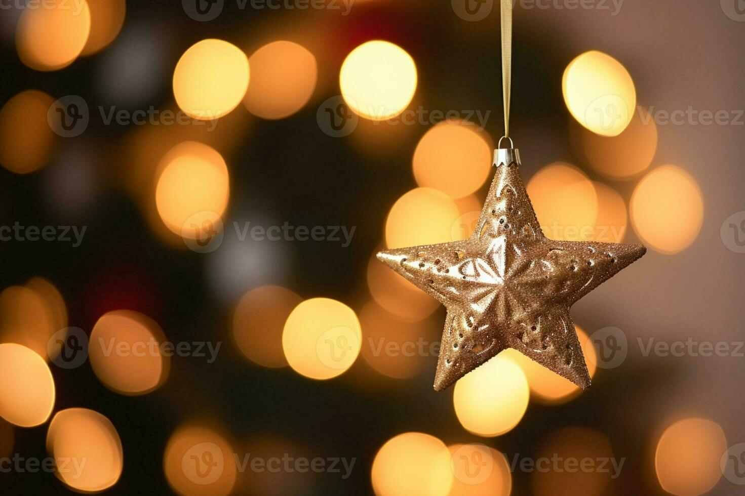 AI generated Star babbles hanging on the Christmas tree bokeh background photo