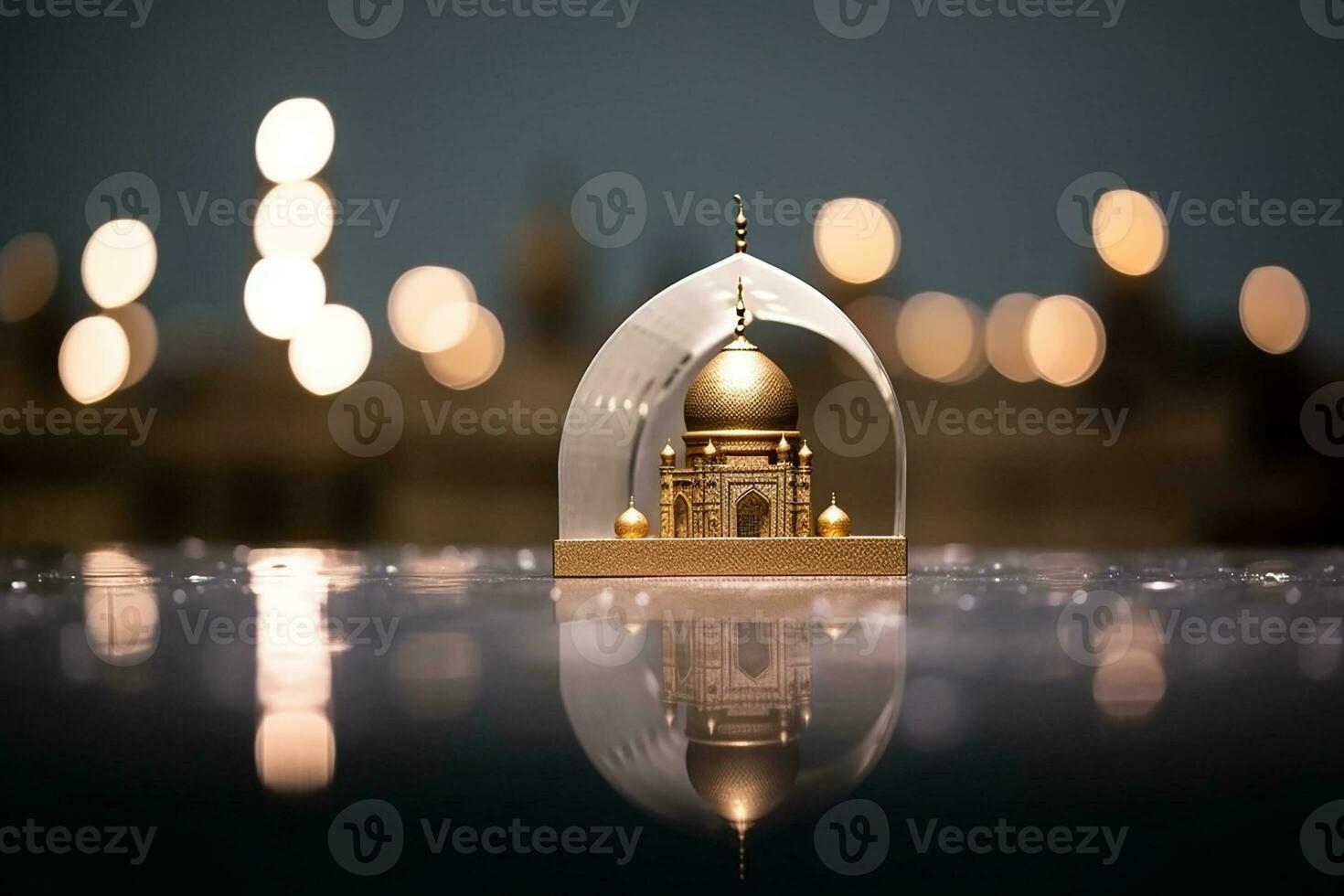 AI generated Arabic lantern in mosque shape glowing for Muslim holy month Ramadan Kareem photo