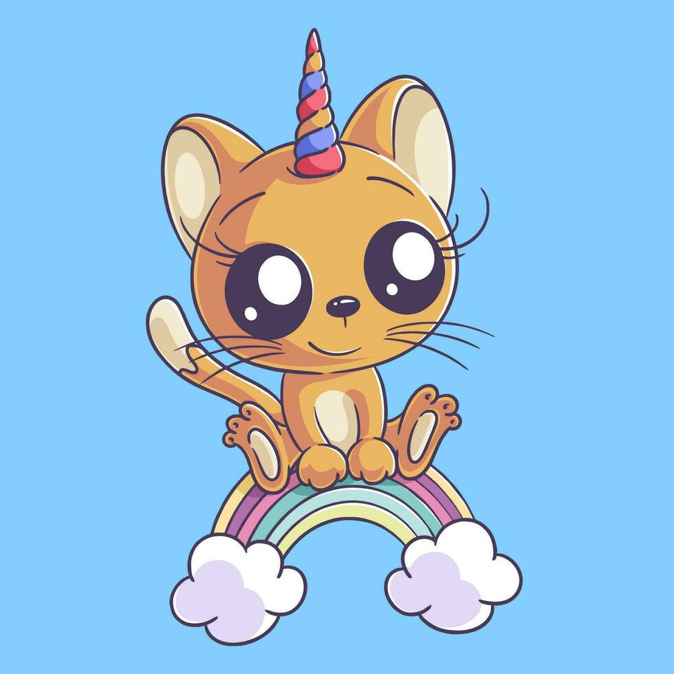 Cute unicorn cat sitting on the rainbow vector