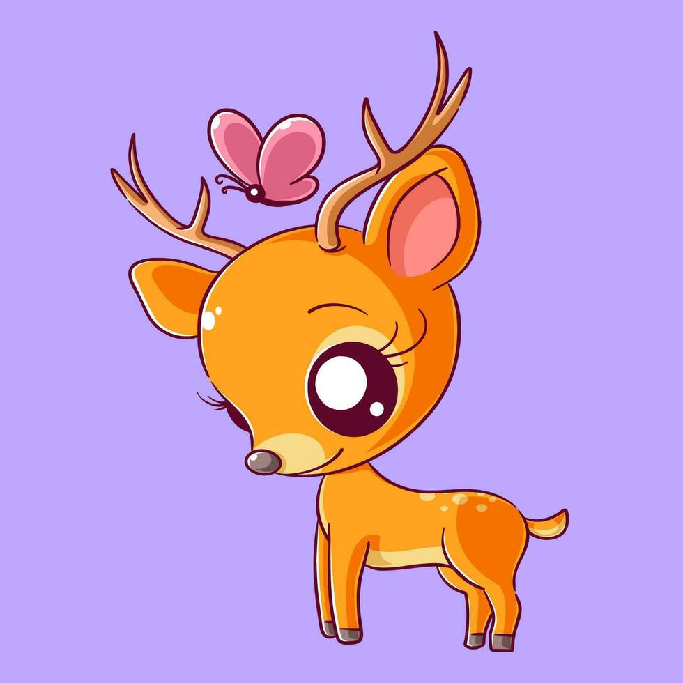 Cute deer is standing playing with butterfly vector