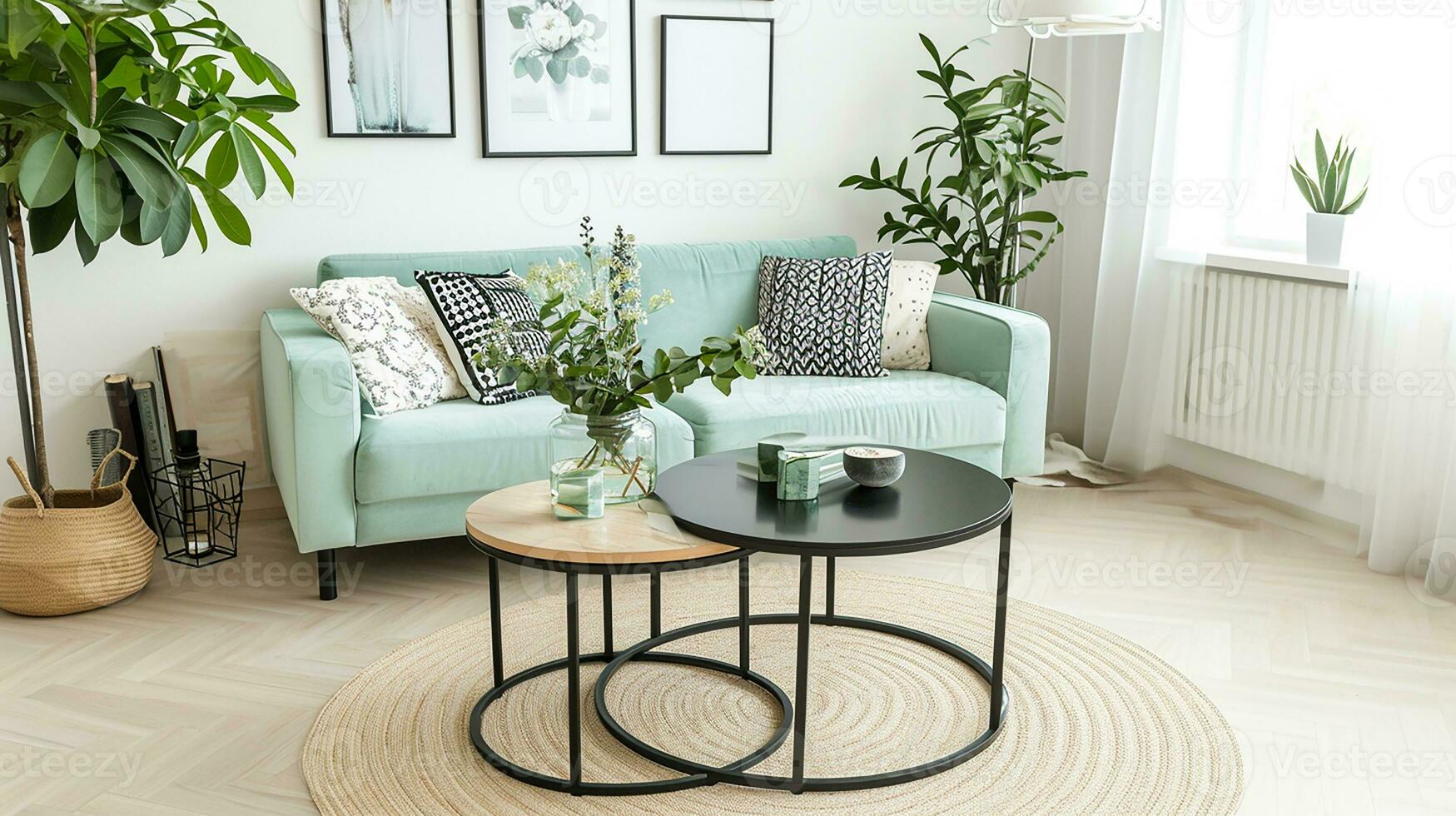AI generated living room interior design with sofa minimal aesthetic 3d rendered photo