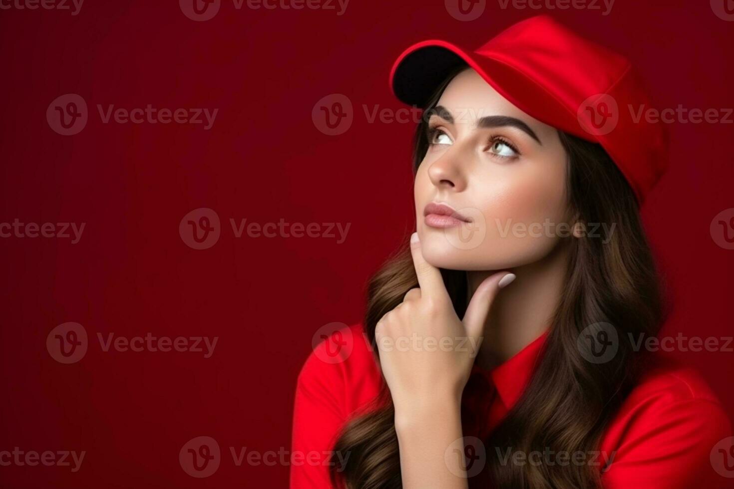 AI generated Stunning model with hat against red backdrop thinking concept photo