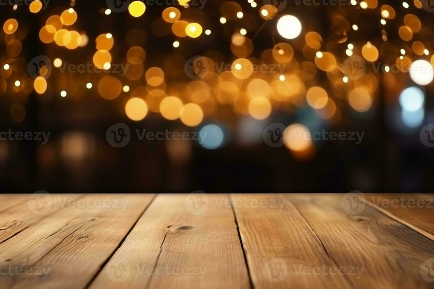 AI generated Christmas wooden table mockup with gifts, lights and bokeh background. banner with creative decoration and copy space. photo