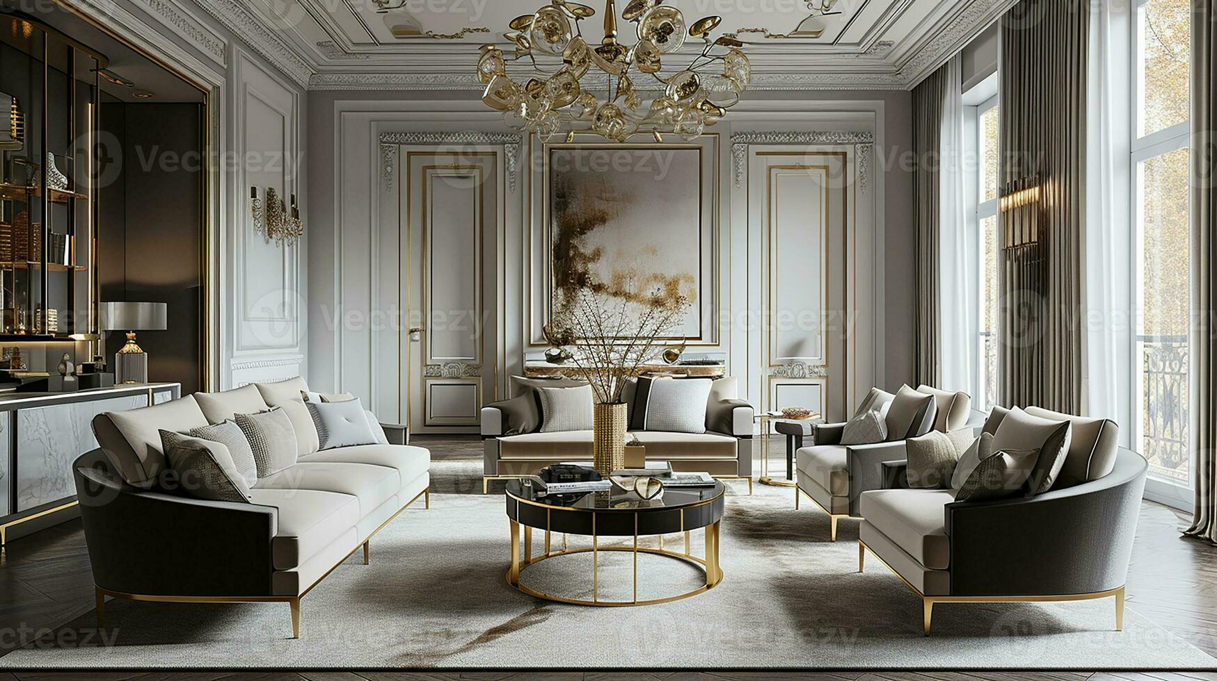 AI generated living room interior design with sofa minimal aesthetic 3d rendered photo