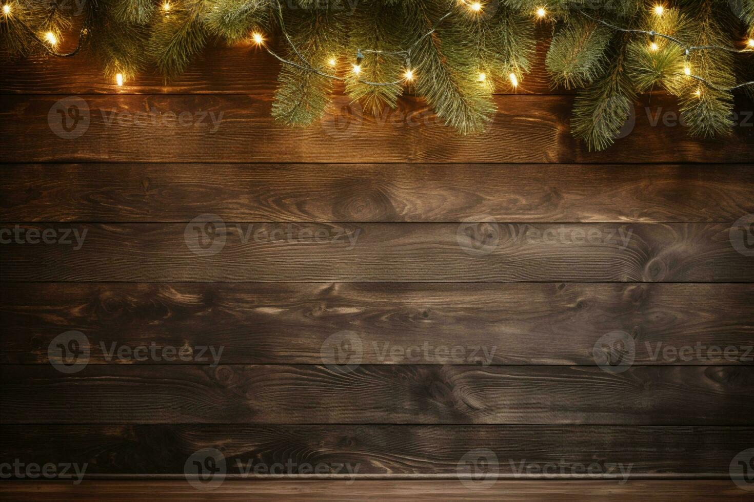 AI generated flat lay frame with christmas tree and wooden background photo