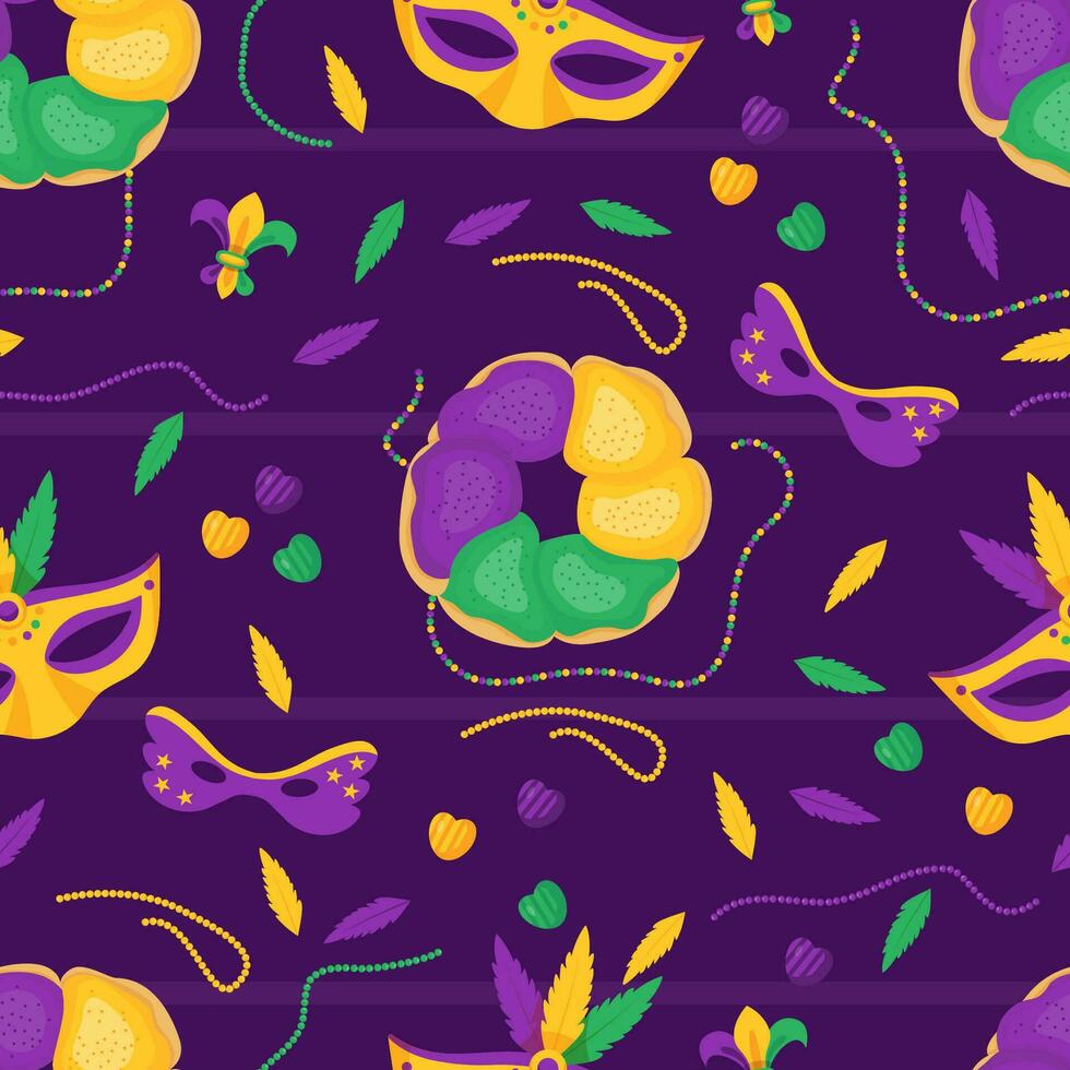 Mardi Gras carnival seamless pattern. Festive traditional King Cake with colorful icing, beads, necklaces, mask and feathers on purple background. Vector illustrations in cartoon style.