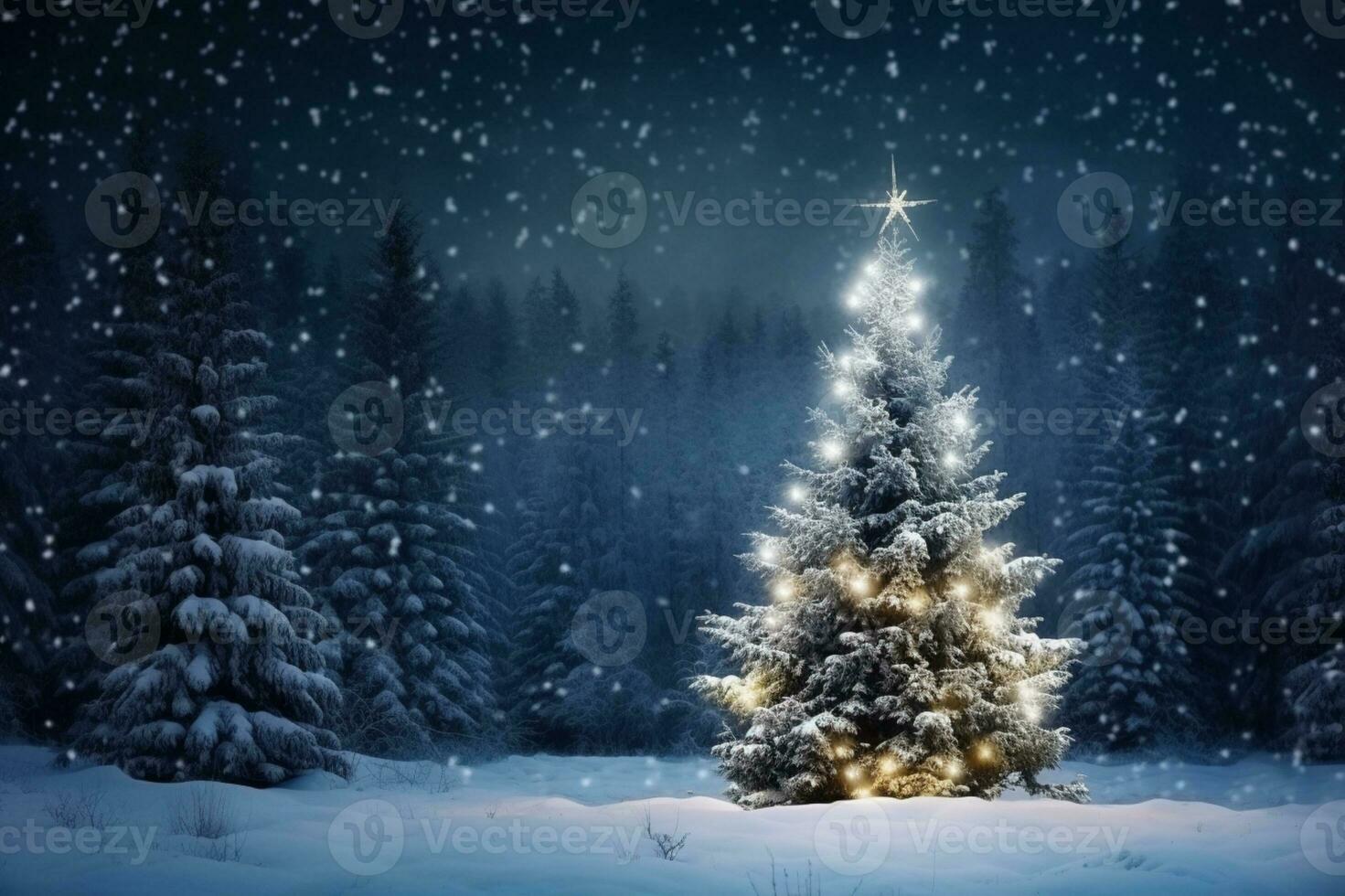 AI generated illuminated pine christmas tree snowy forest night photo