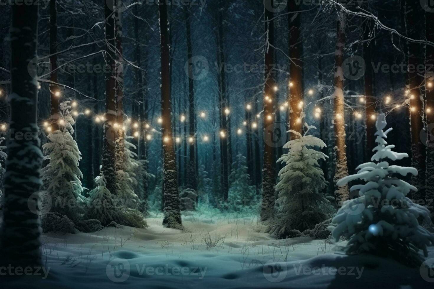 AI generated illuminated pine christmas tree snowy forest night photo