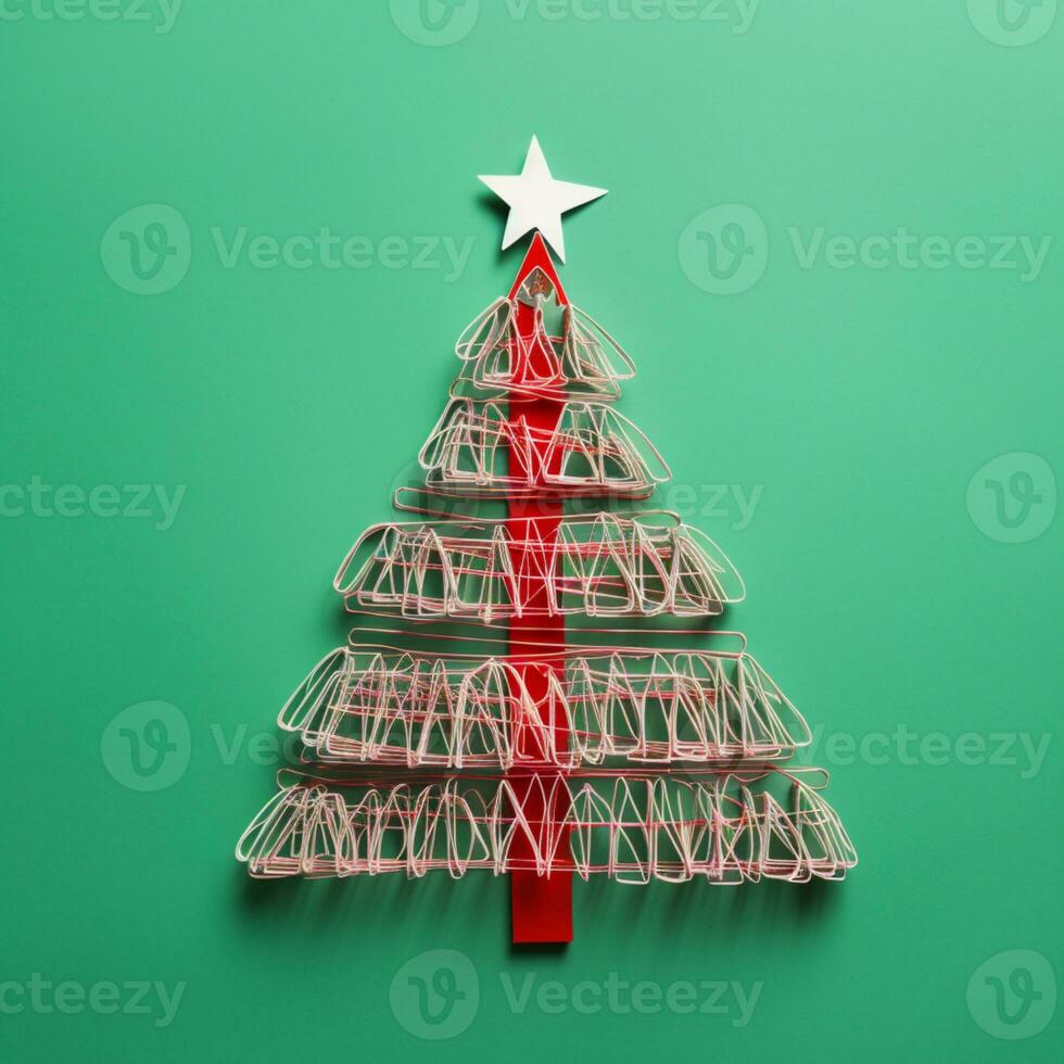 AI generated Red Christmas tree made up with paper clip and wire bokeh blurred background copy space photo