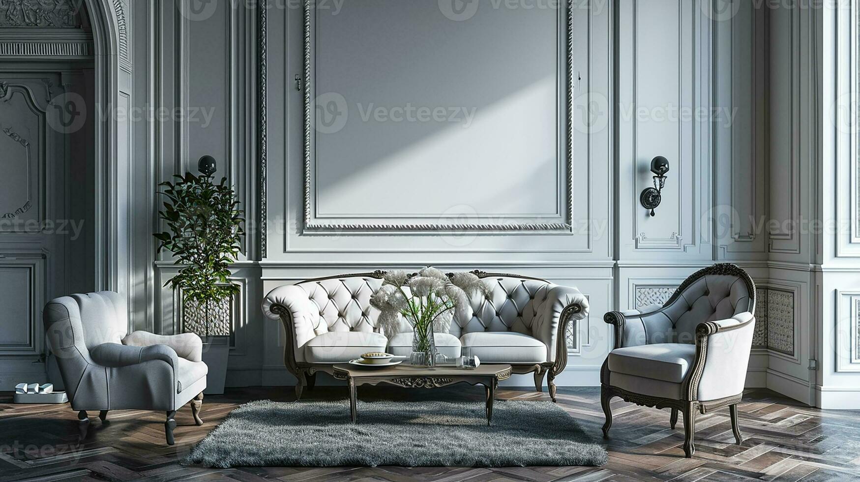 AI generated Vintage living room interior design with sofa minimal aesthetic 3d rendered photo