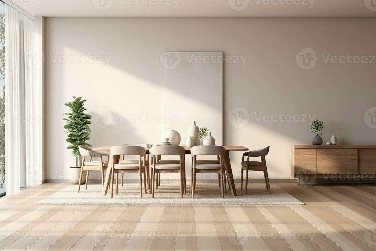 AI generated 3d rendered Minimal style Modern dining room with and interior design with chair and dining table photo