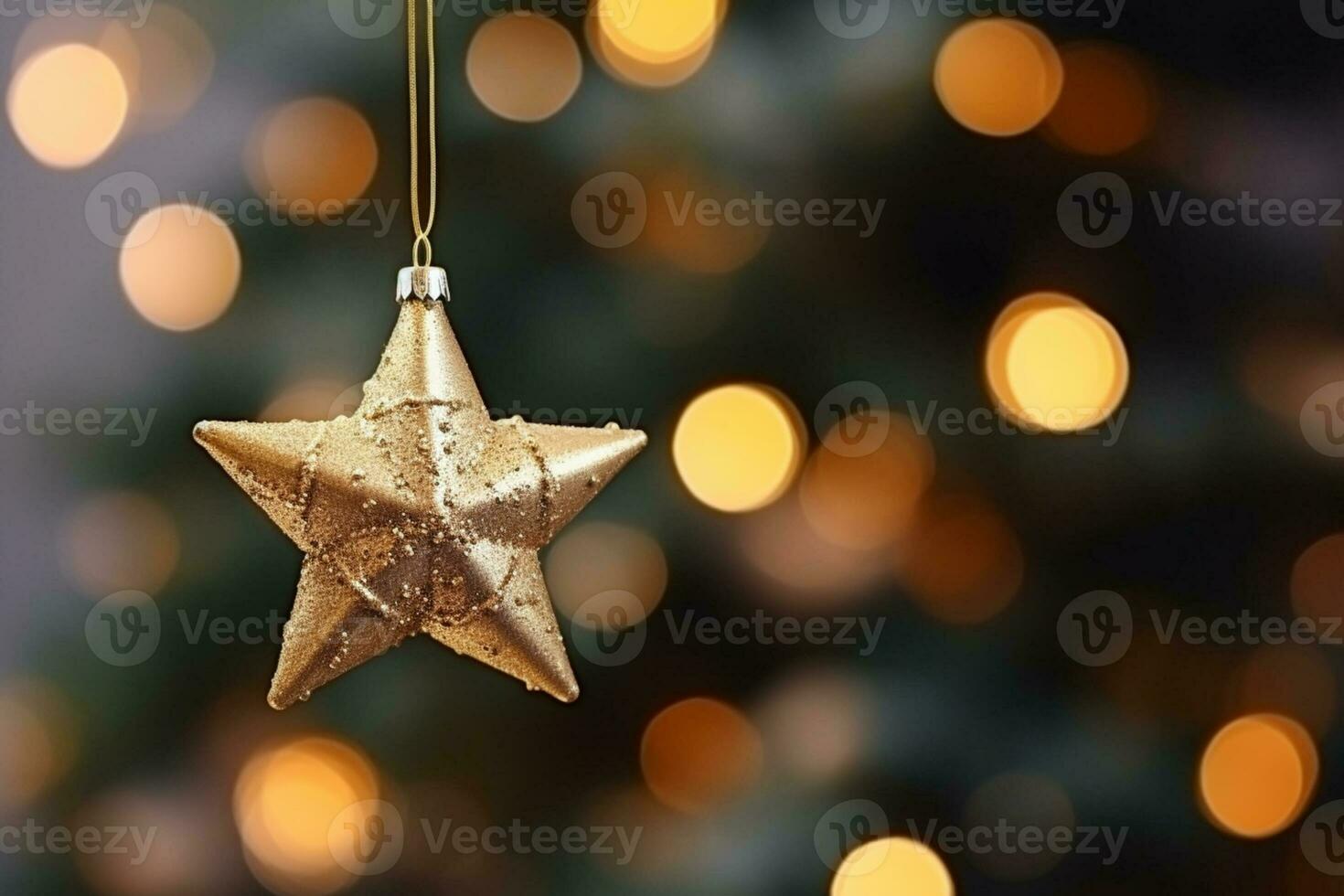 AI generated a close up of a christmas tree with star baubles hanging from it's branches and a blurry background photo